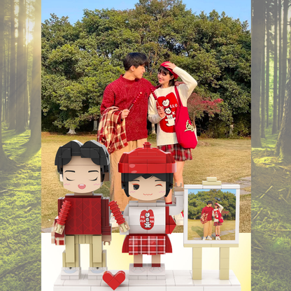 Custom Round Face Brick Figure with Easel Photo Display 2 Person