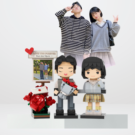 Custom Couple Round Face Brick Figure with Photo Display 2 Person