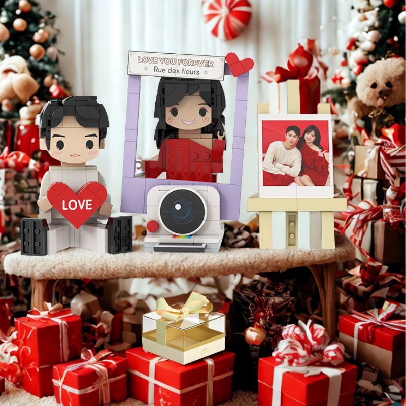 Custom Love Round Face Brick Figure with Easel Photo Stand 2 Person