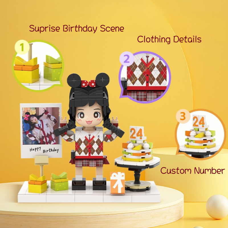 Custom Birthday Duduu Brick Figure with Photo Stand 1 Person