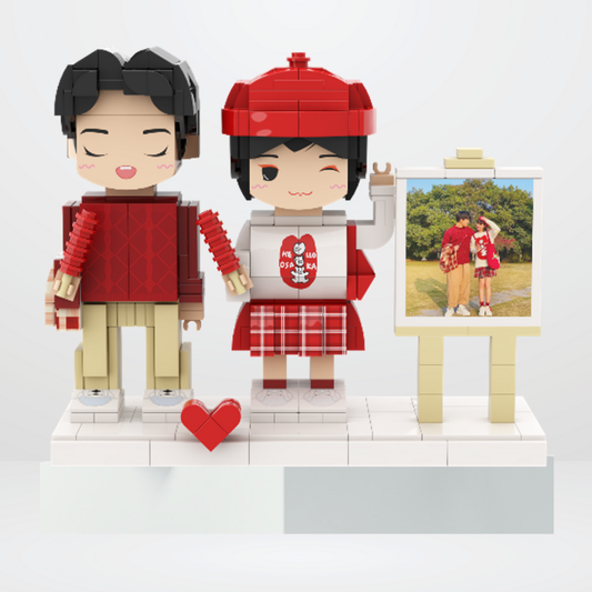 Custom Round Face Brick Figure with Easel Photo Display 2 Person