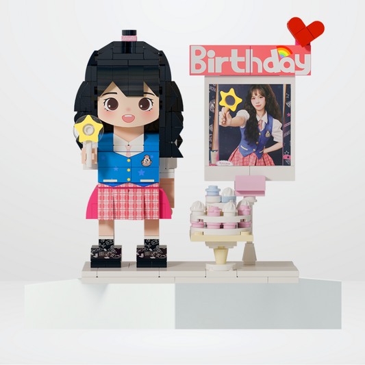 Custom Birthday Round Face Brick Figure with Photo Display 1 Person