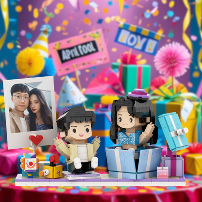 Custom Suprise Round Face Brick Figure with Photo Stand 2 Person