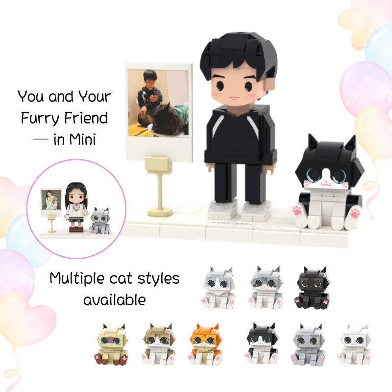 Custom Round Face Brick Figure with Cat and Photo Display 1 Person