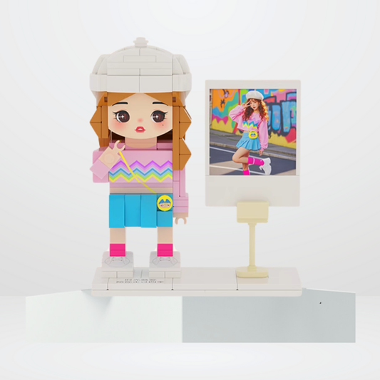 Custom Round Face Brick Figure with Photo Display Stand 1 Person