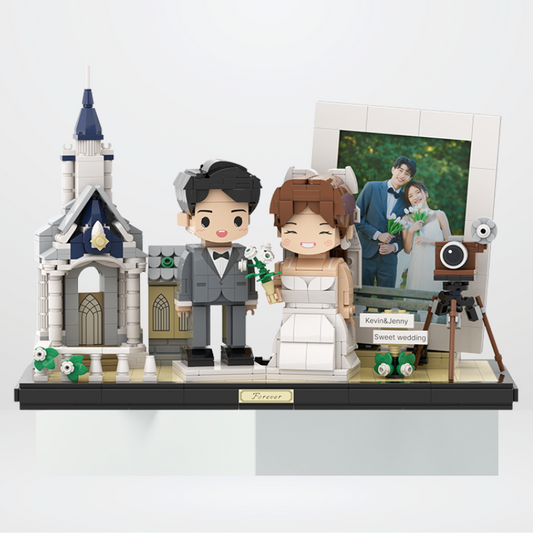 Custom Wedding Round Face Brick Figure with Photo Display 2 Person