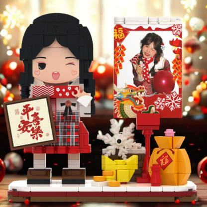 Custom New Year Round Face Brick Figure with Photo Display 1 Person