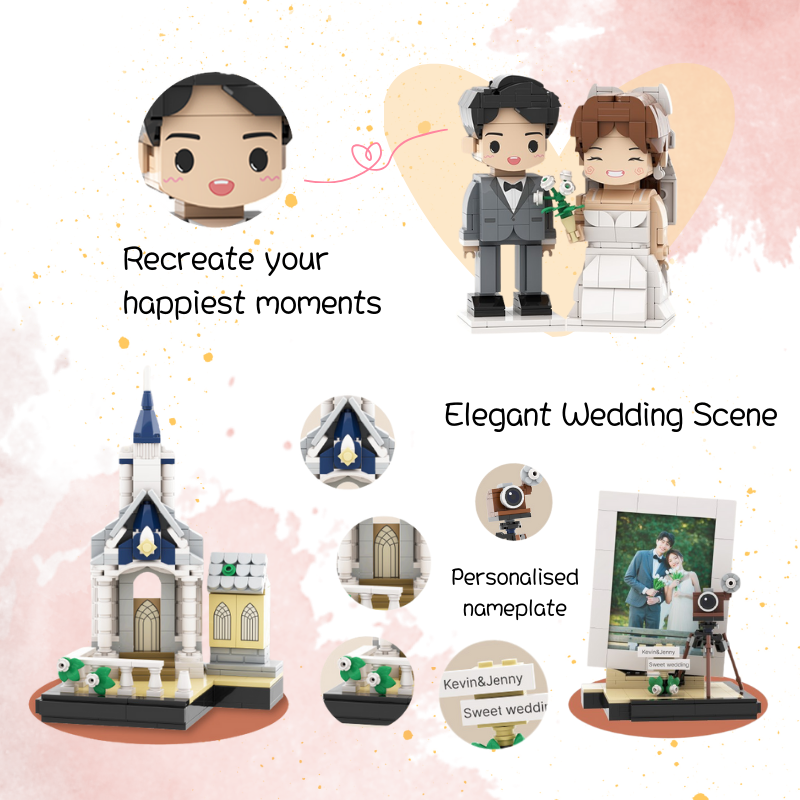 Custom Wedding Round Face Brick Figure with Photo Display 2 Person