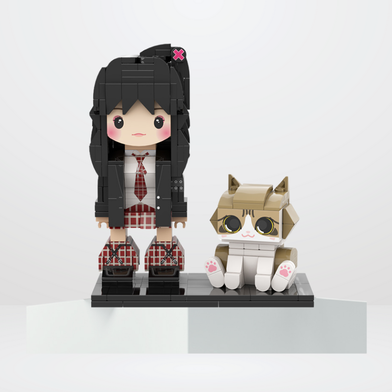 Custom Round Face Brick Figure with Cat Companion 1 Person