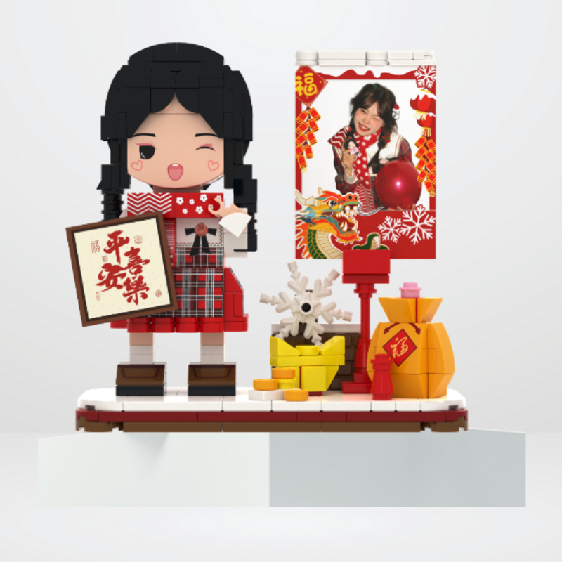 Custom New Year Round Face Brick Figure with Photo Display 1 Person
