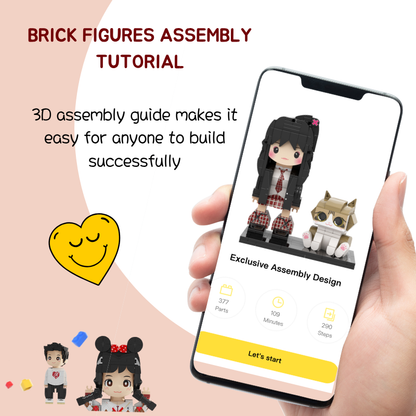 Custom Round Face Brick Figure with Cat Companion 1 Person