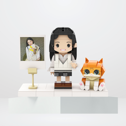 Custom Round Face Brick Figure with Cat and Photo Display 1 Person