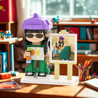 Custom Round Face Brick Figure with Easel Photo Display 1 Person