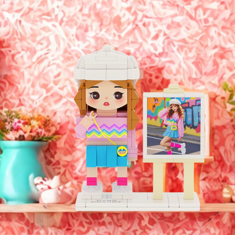 Custom Round Face Brick Figure with Photo Display Stand 1 Person