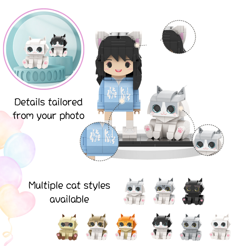 Custom Round Face Brick Figure with Cat Companion 1 Person
