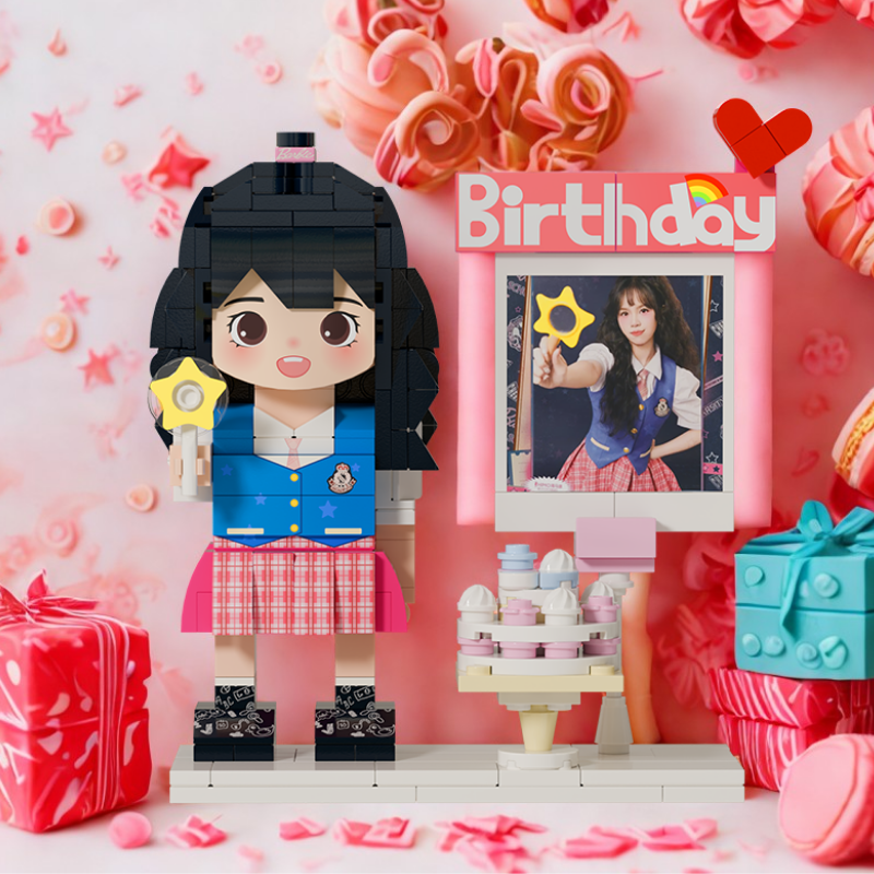 Custom Birthday Round Face Brick Figure with Photo Display 1 Person