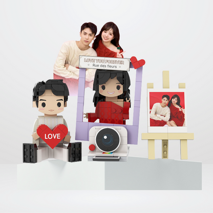 Custom Love Round Face Brick Figure with Easel Photo Stand 2 Person