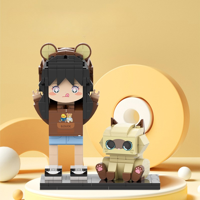 Custom Round Face Brick Figure with Cat Companion 1 Person