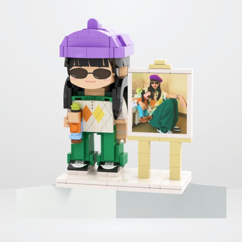 Custom Round Face Brick Figure with Easel Photo Display 1 Person